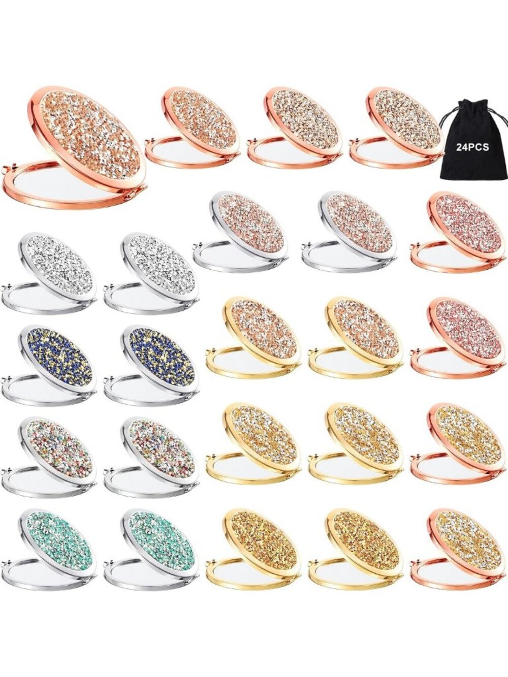 24 Pcs Compact Folding Pocket Mirrors - Handheld Cosmetic Magnifying Rhinestone